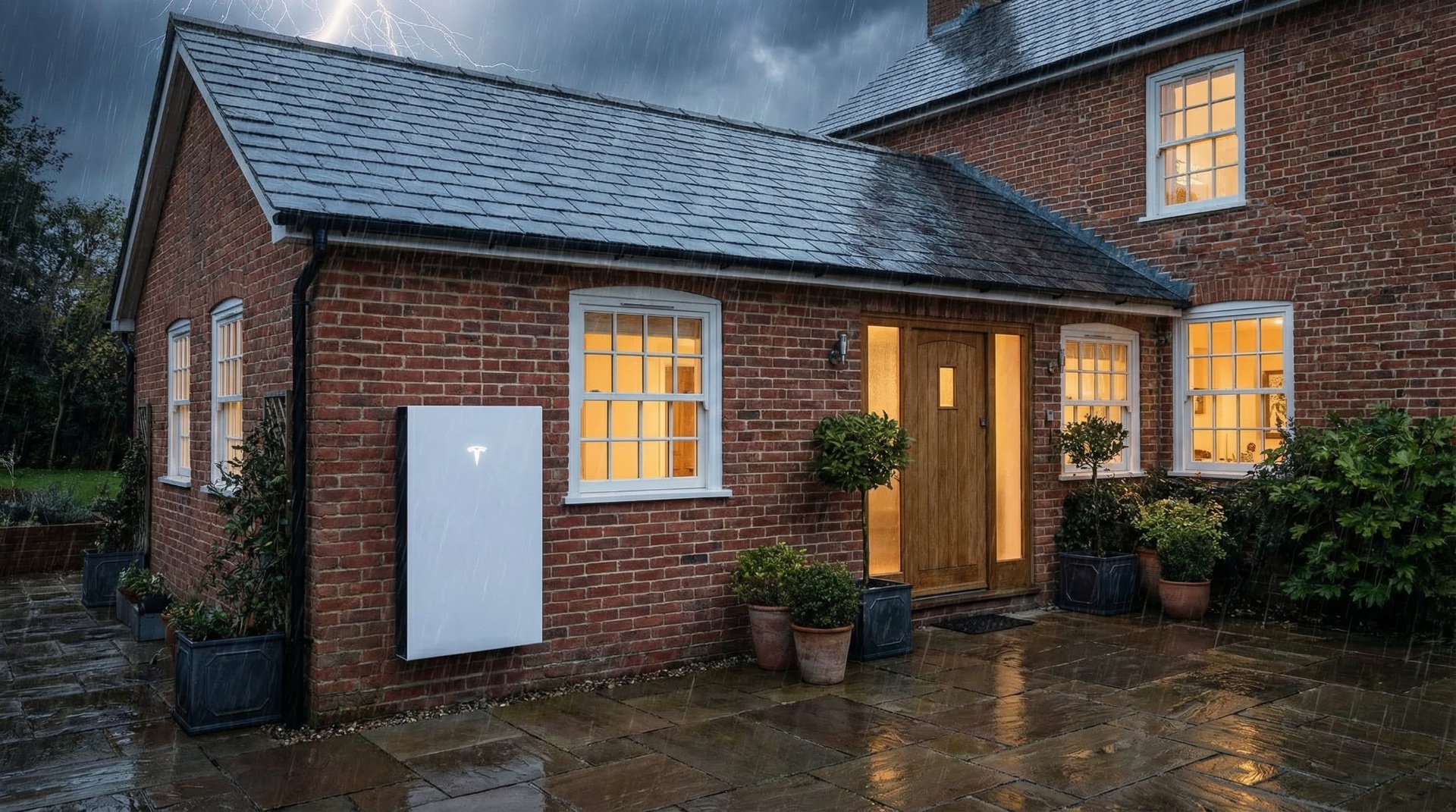 UK brick home with Tesla Powerwall battery mounted on exterior wall during a rainstorm at dusk