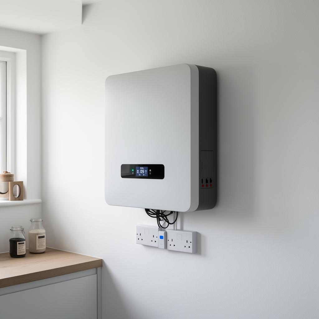 Home battery storage unit mounted on a garage wall