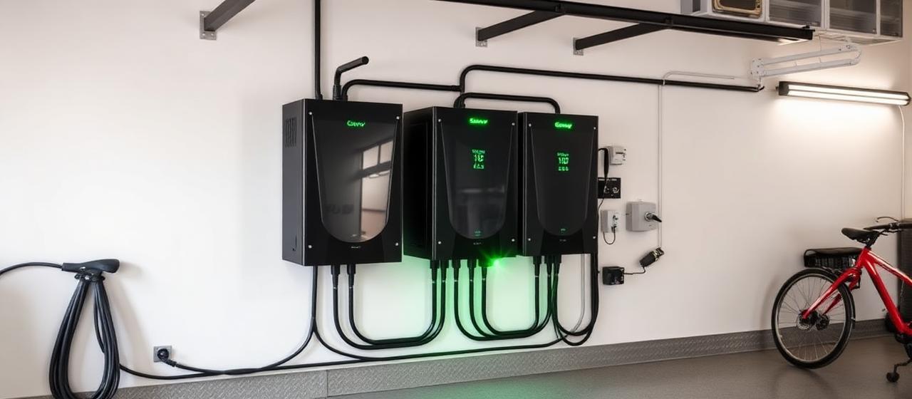 Home battery storage system mounted on a garage wall