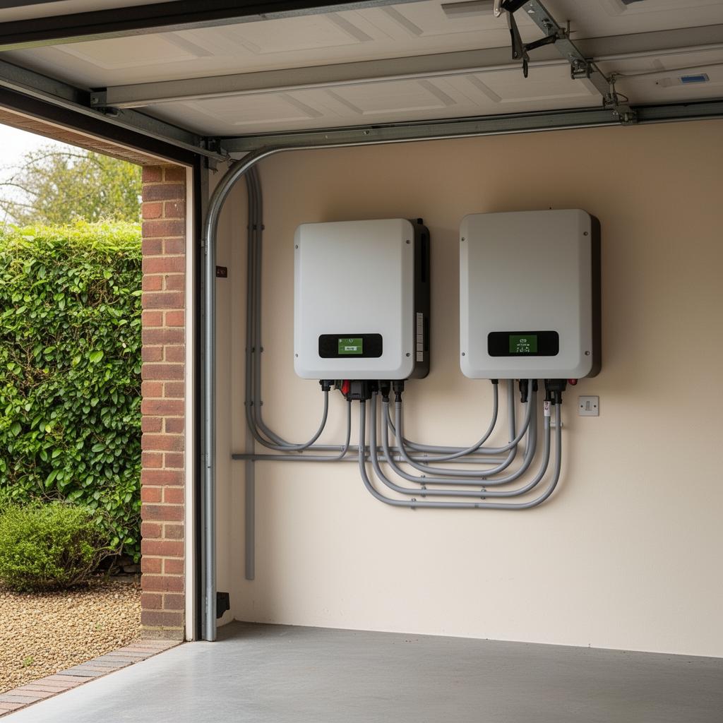 Battery storage and inverter system professionally installed in a UK home garage