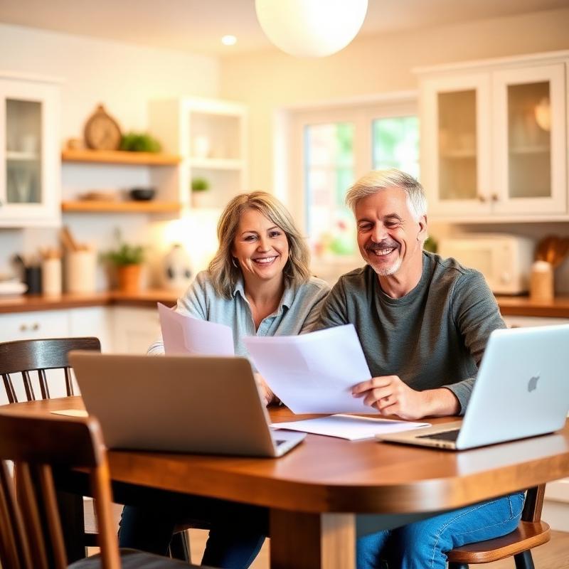 Happy couple reviewing grant paperwork at kitchen table