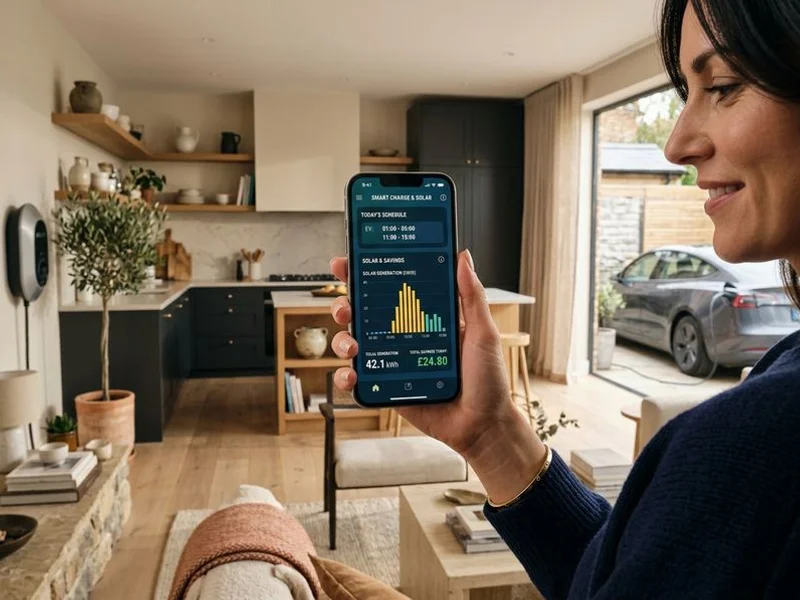 Smartphone app showing EV charging schedule and solar integration