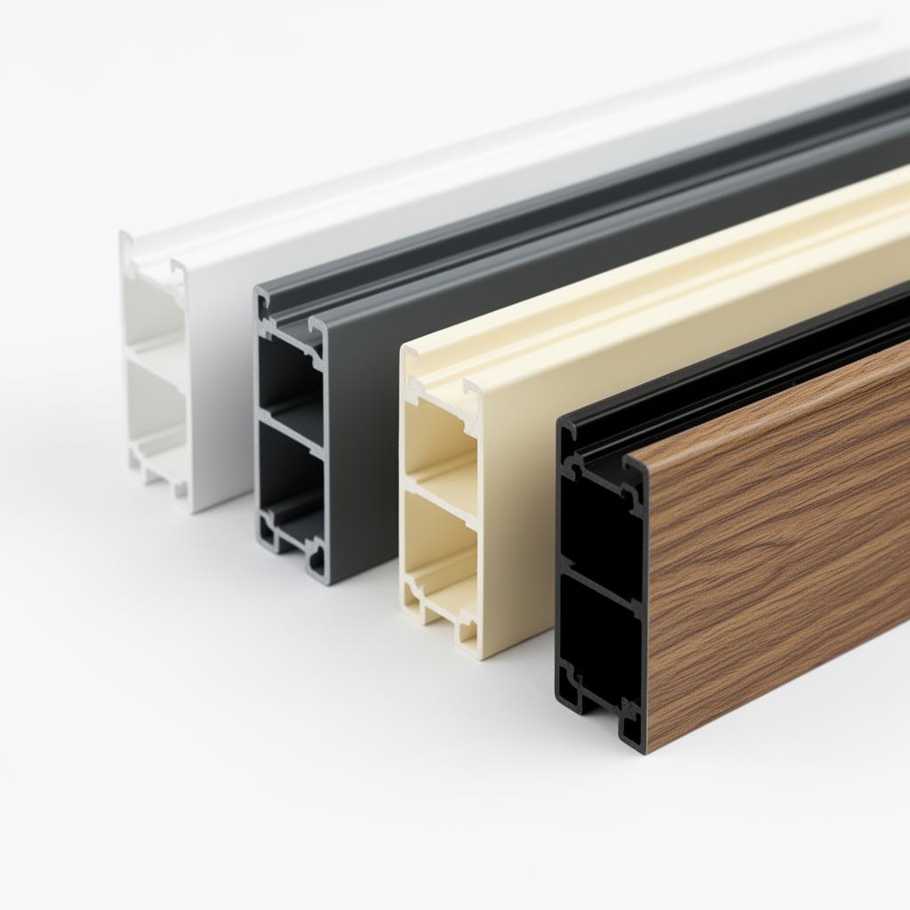 uPVC window profiles in different colours — white, anthracite grey, cream, black, and oak woodgrain