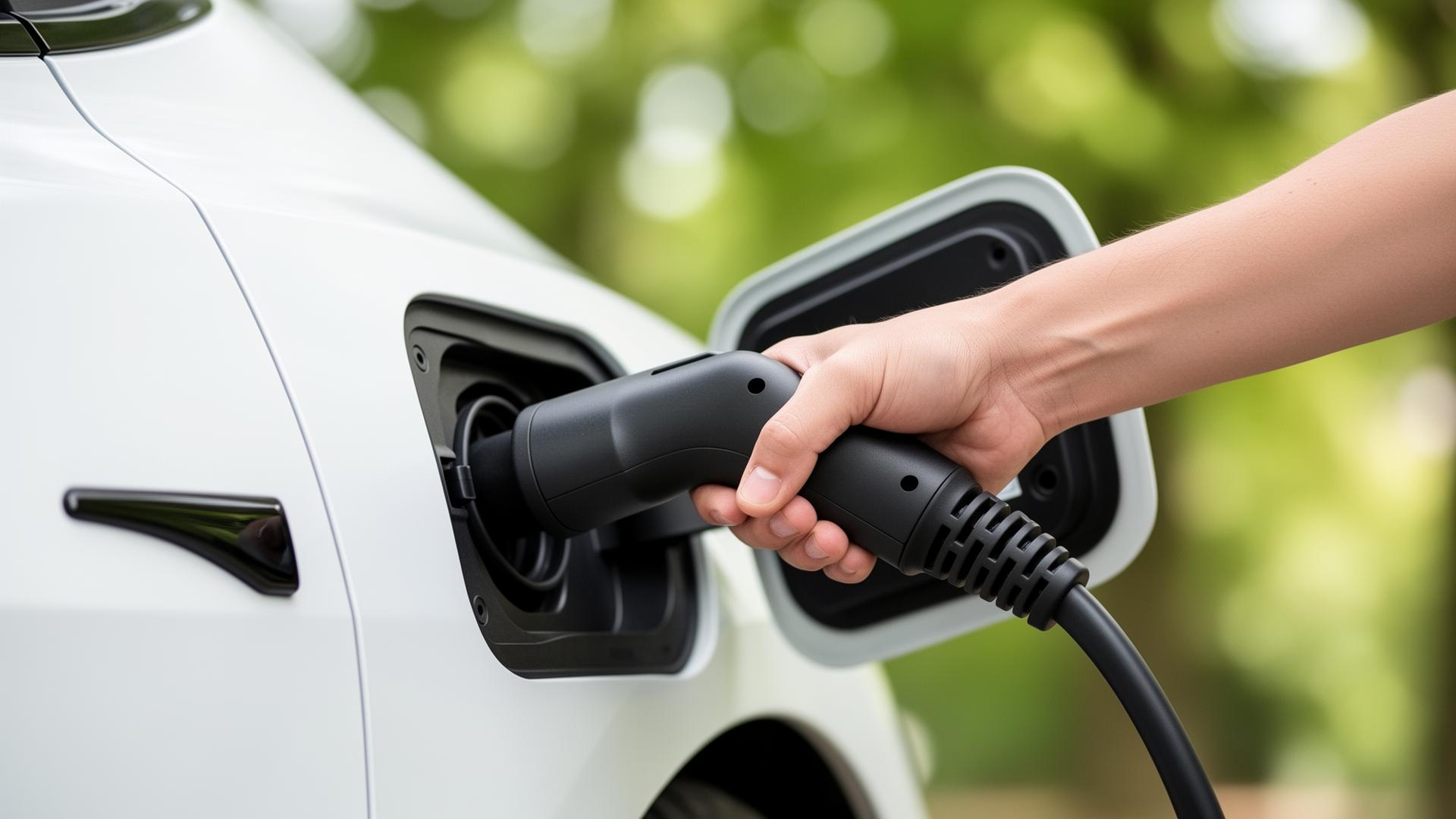 EV charger installed on a UK brick house with electric car plugged in on the driveway