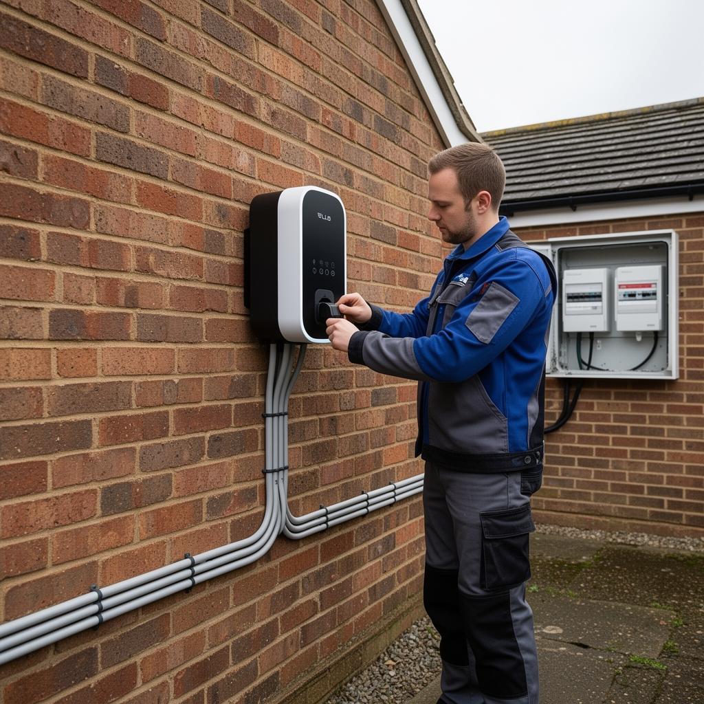 Electrician installing an EV charger on a UK home exterior wall