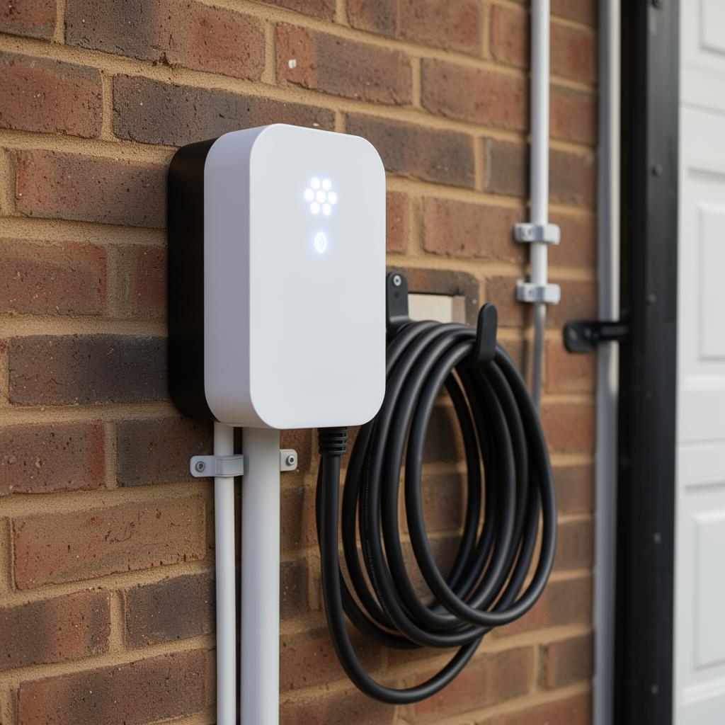 Smart EV charger unit with tethered cable mounted on a UK garage wall
