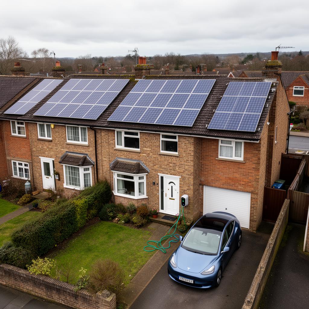UK house with rooftop solar panels and an electric car charging on the driveway
