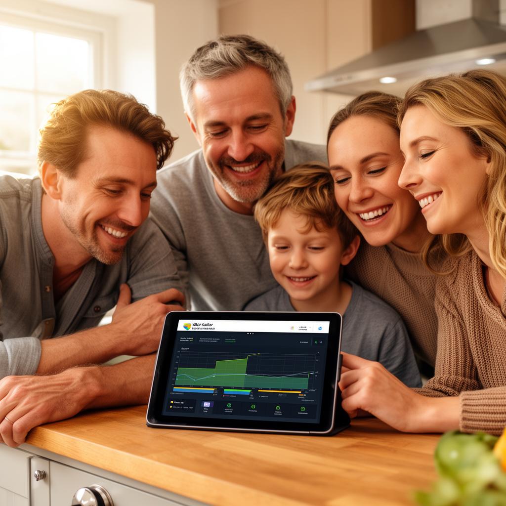 Family checking their solar energy savings on a tablet in their kitchen