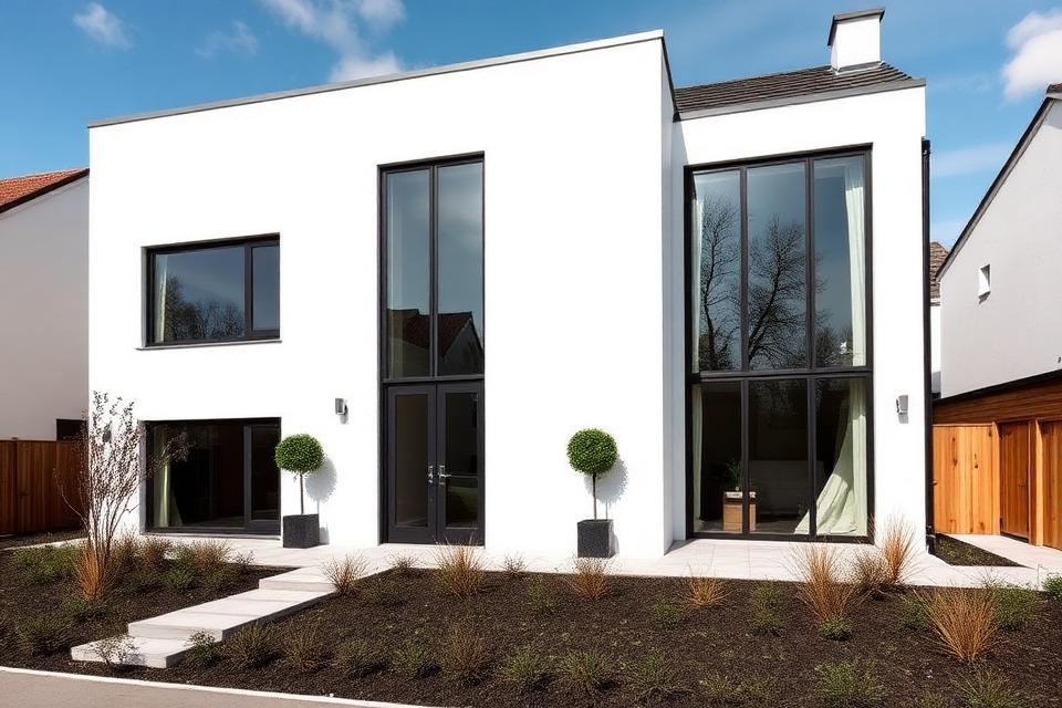 Black framed windows on a modern white-rendered home