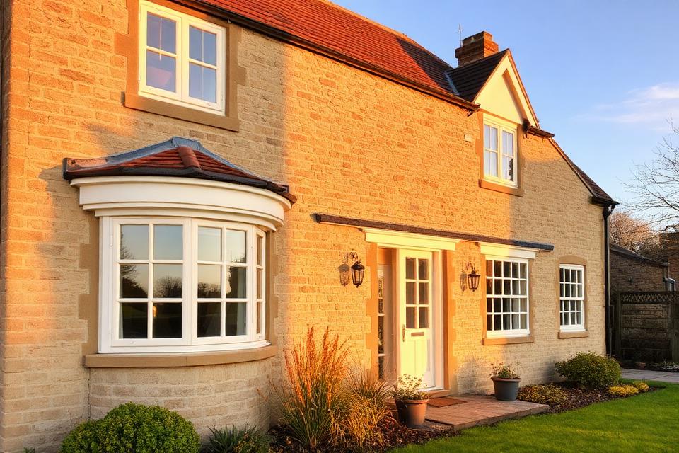 Cream windows on a Cotswold stone farmhouse