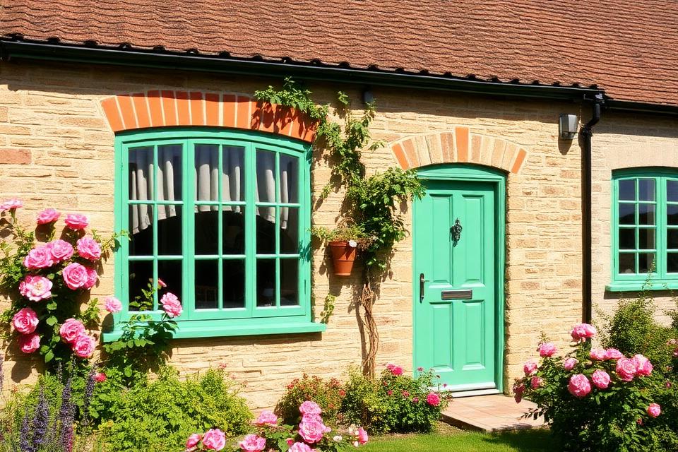 Chartwell green windows and door on a stone cottage