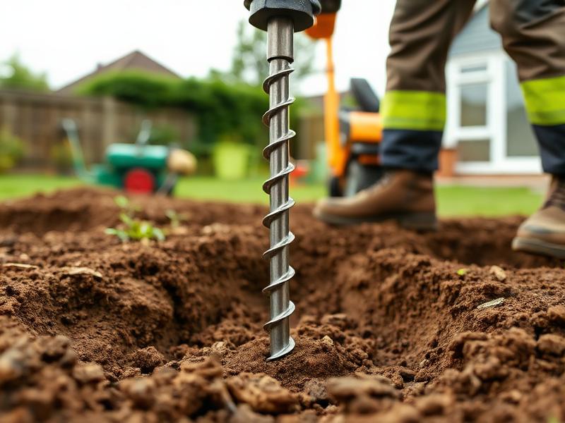 Ground screw being installed in a UK residential garden