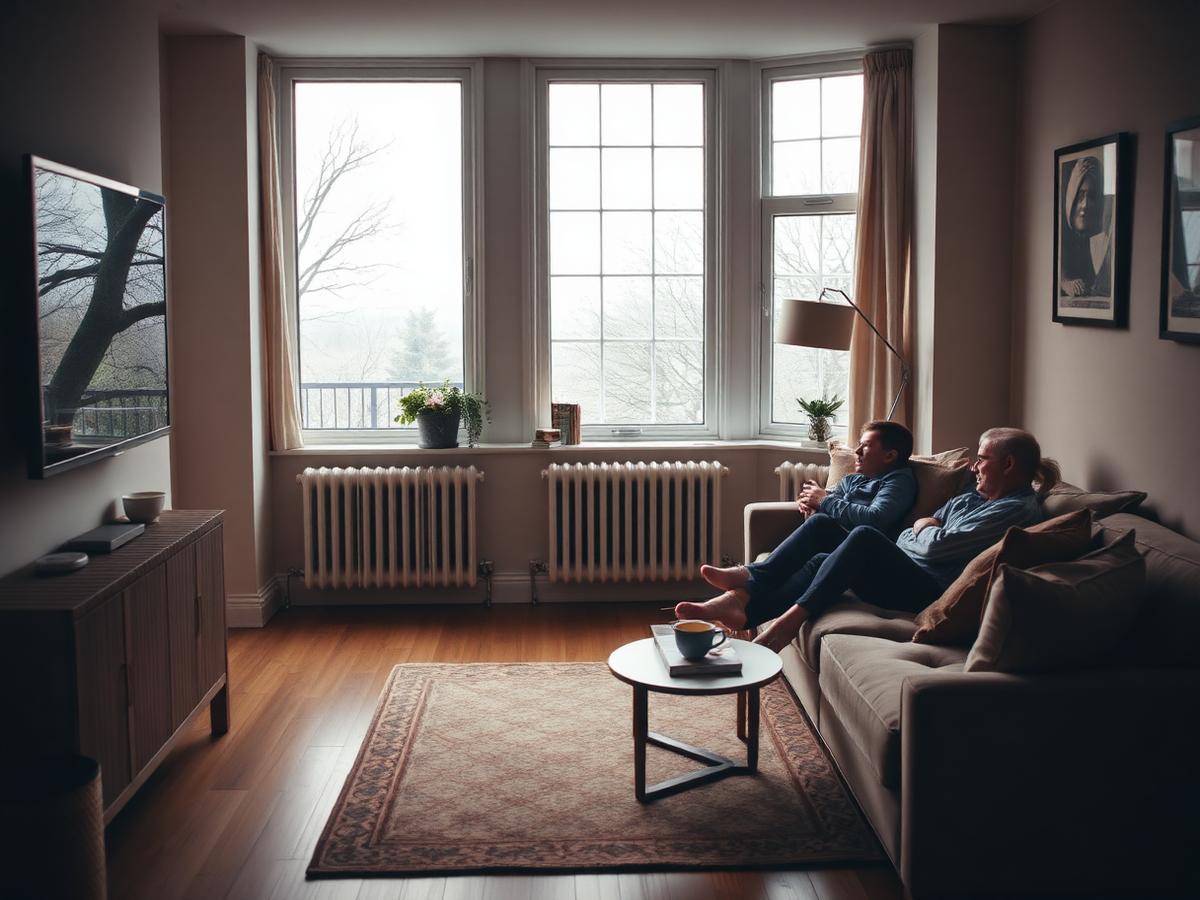 Family relaxing in warm living room heated by heat pump