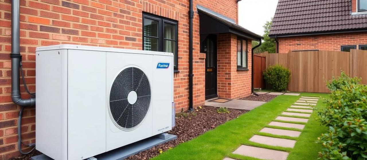 Air source heat pump installed outside a UK brick home