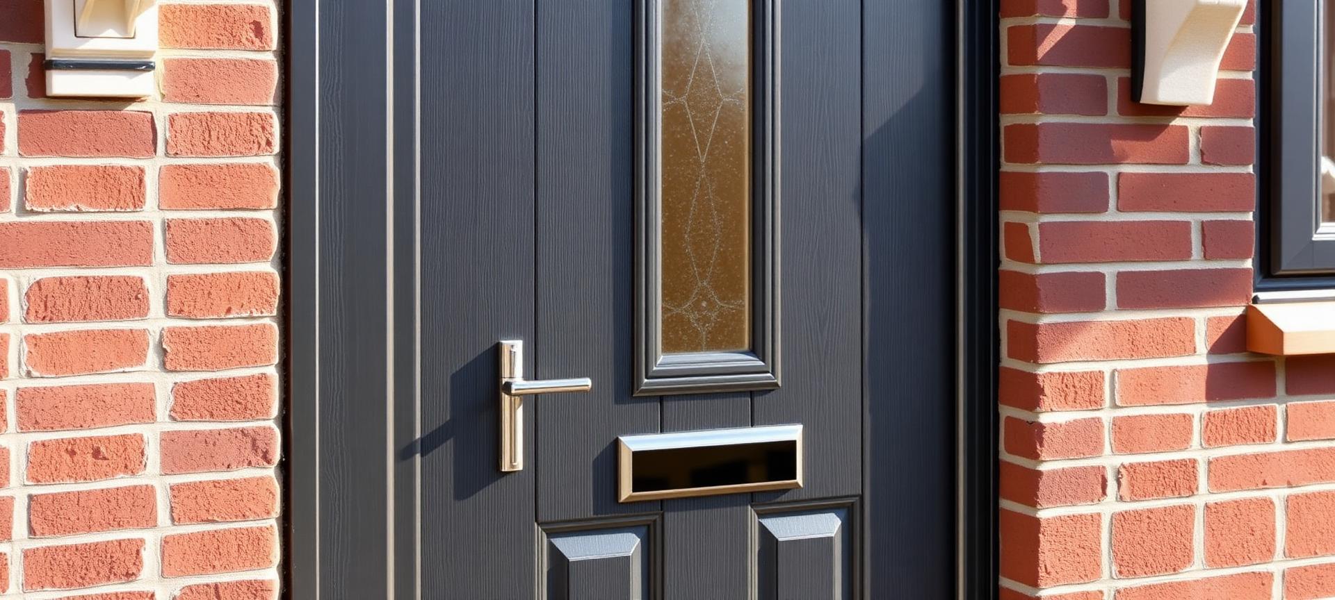 Close-up of an anthracite grey composite front door with premium hardware