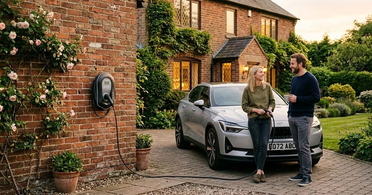 Smart EV charging point installed on brick wall beside a modern electric vehicle
