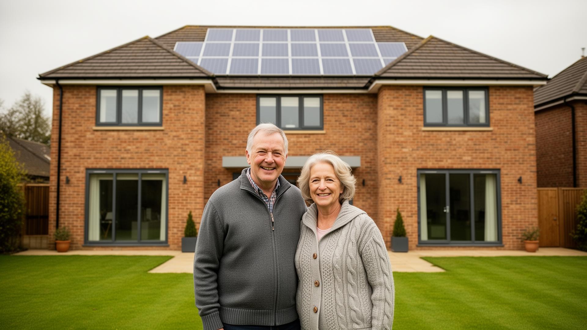 Happy couple in front of their UK home with solar panels and modern windows