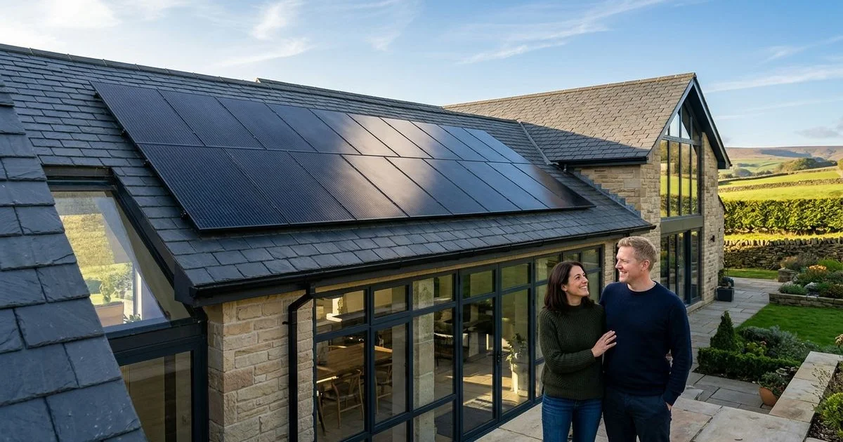 Premium black monocrystalline solar panels installed on a Burnley home