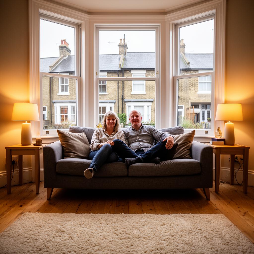 Couple relaxing on sofa in front of bay windows in their UK home