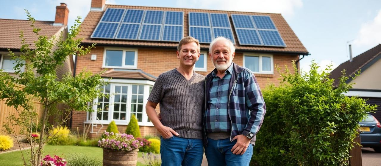 Happy homeowners in front of their home with solar panels