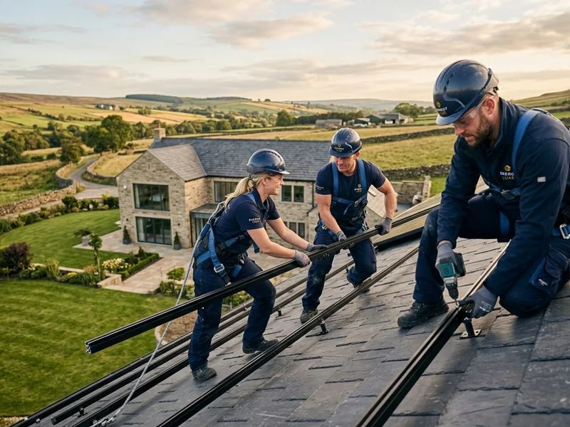 Energy Luxe installation team in branded uniforms on a Burnley rooftop