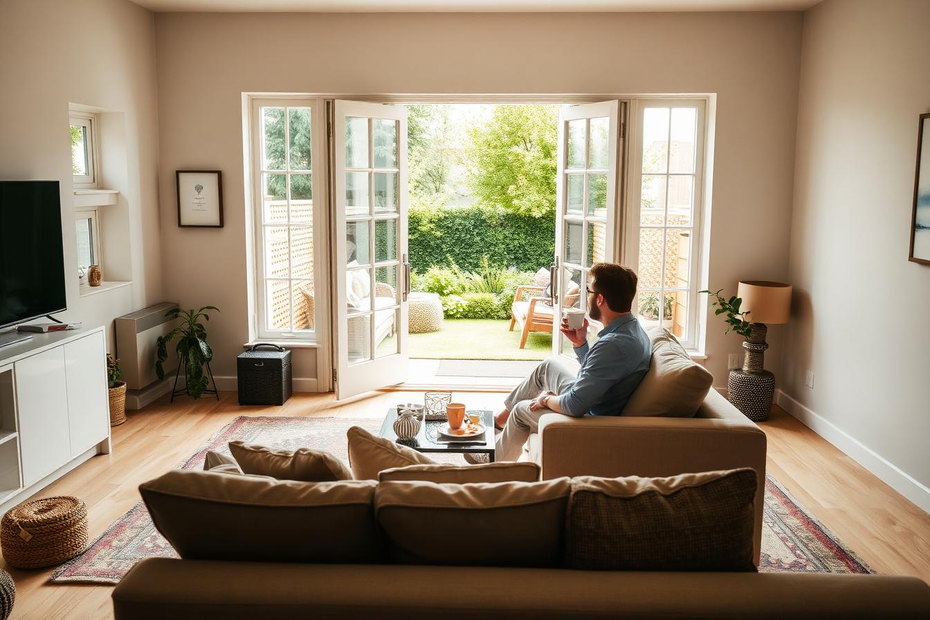 Man relaxing in a living room with open French doors looking out to garden