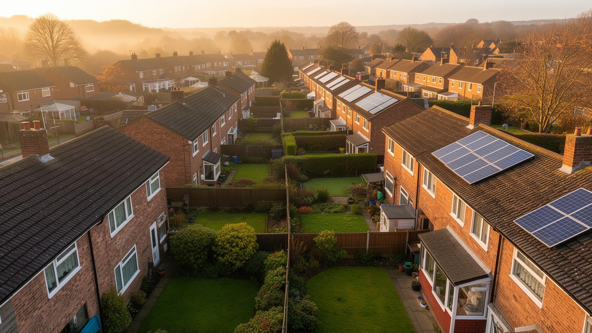 Aerial view of UK suburban homes with solar panels in Greater Manchester