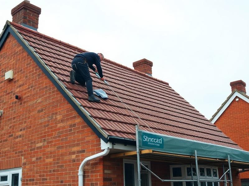 Roofer installing tiles on a UK brick house