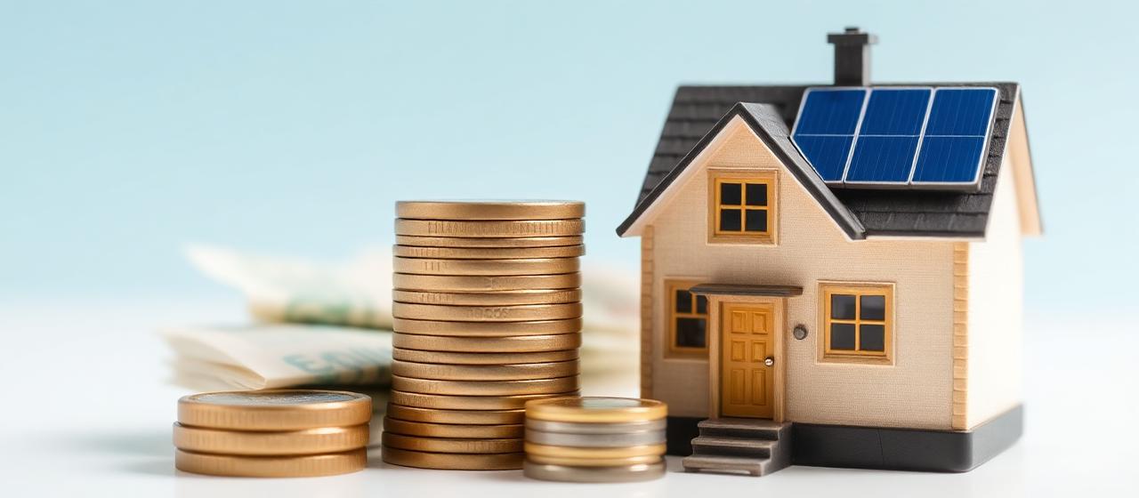 Solar savings concept with model house and coins