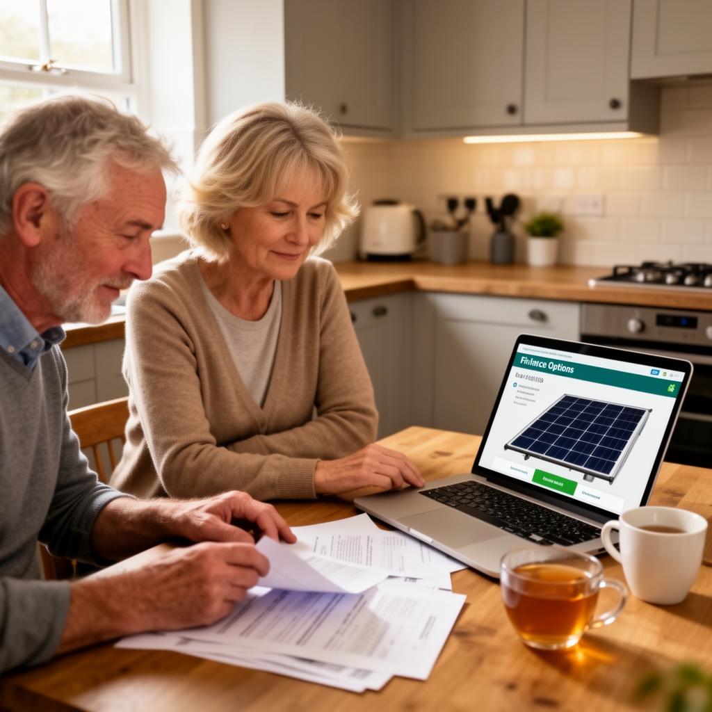 Couple reviewing solar loan documents at home