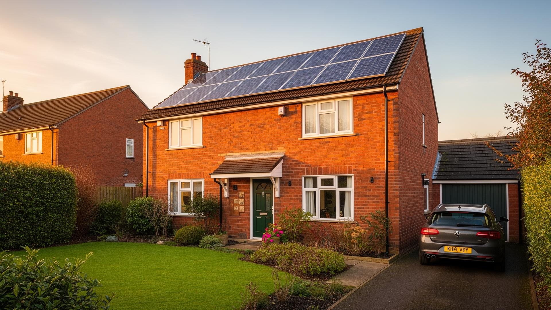 UK red brick home with solar panels on the roof