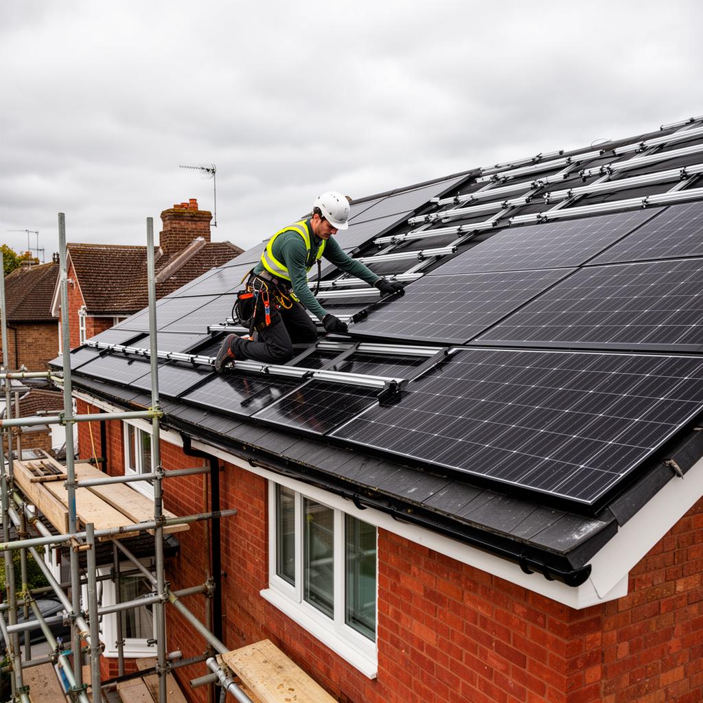 Solar installer fitting panels on a UK roof