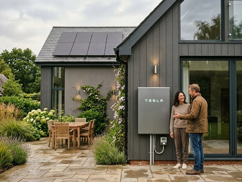 Tesla Powerwall battery mounted on exterior wall