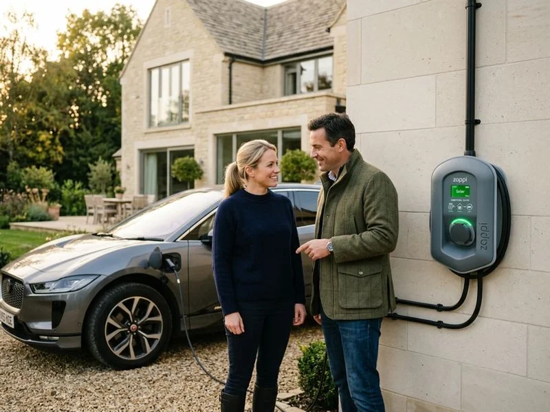 Zappi EV charger unit installed on exterior wall in Burnley